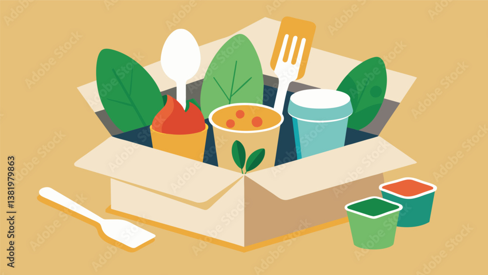 Poster a box of compostable cornstarch forks and ss included with a selection of healthy dips and spreads p