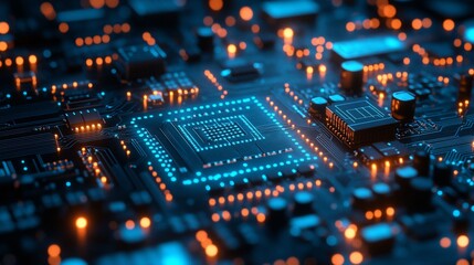 Fototapeta premium Close-up of a circuit board with glowing components in an electronic background