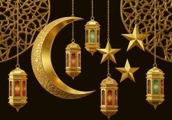 Golden crescent moon with hanging lanterns and stars against a dark background decoration islamic theme