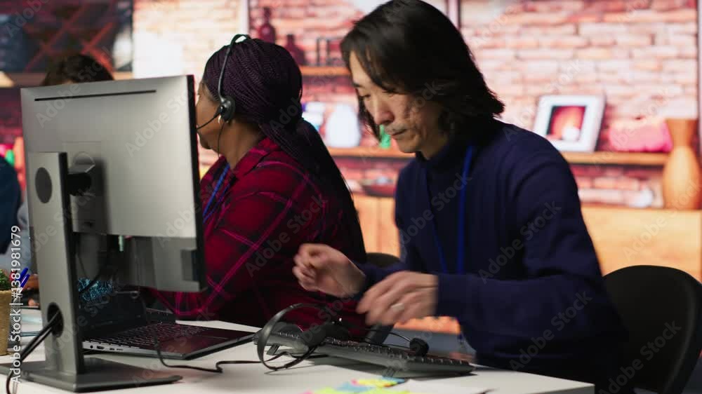 Poster call center senior engineer arriving at work, using ai, helping customers regain access to accounts.