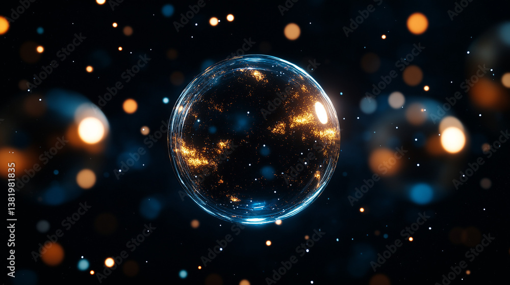 Poster orbital brilliance: a cosmic sphere, alive with vibrant energy and luminous particles, floats amidst