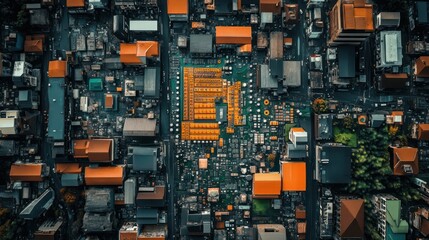 Aerial view of circuit board city;  tech components, urban sprawl background; tech illustration