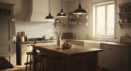 Rustic kitchen with morning sun, and farmhouse.