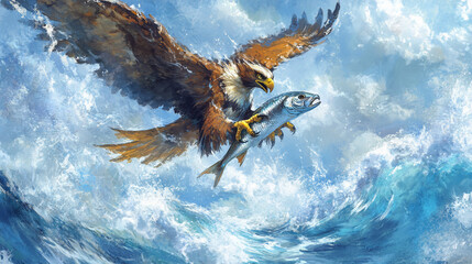 Powerful Eagle Gripping Fish as Ocean Waves Explode Beneath