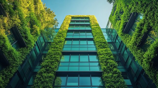 Modern Green Building Exterior Sustainable Architecture Design Eco Friendly Urban Development Tall Glass Facade Lush Vertical Greenery Natural Plants Cityscape Image sky real view photo walls tower   