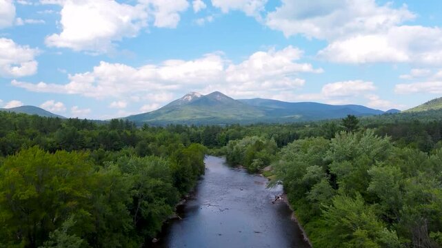 White Mountains of New Hampshire and the Upper Ammonoosuc river near Northumberland. 4k Aerial Video.