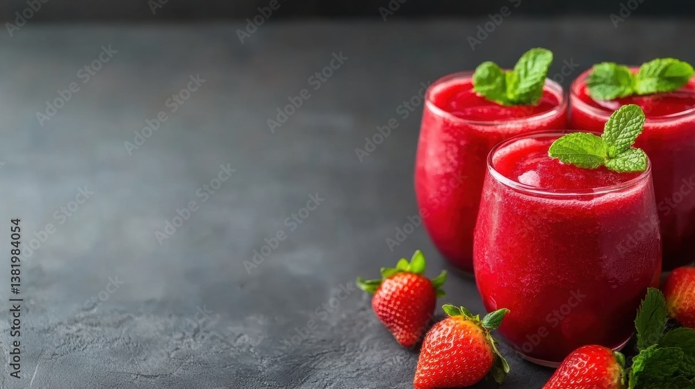 Poster bright red strawberry beverages are arranged neatly with fresh strawberries and mint, creating an in