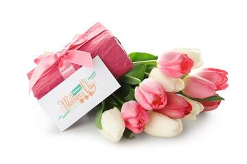 Bouquet of beautiful tulip flowers with greeting card and gift box on white background. Mother's Day celebration