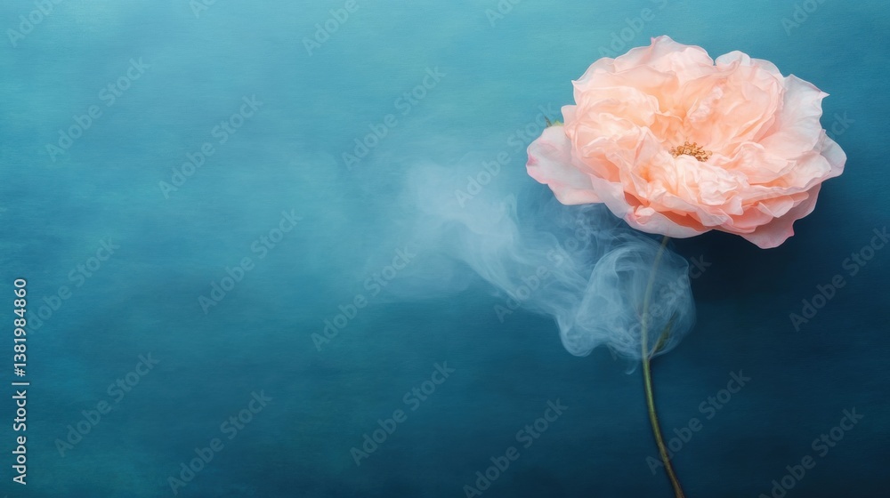 Poster a soft peach flower rises from the bottom with wispy smoke curling around it, creating a serene and 