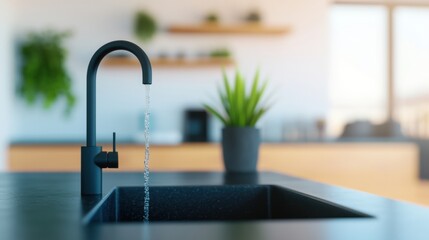 Water flows from a modern black faucet into a black sink, complemented by green plants and light wood shelves in a contemporary kitchen