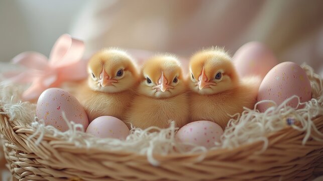Three fluffy chicks in wicker basket surrounded by decorated easter eggs