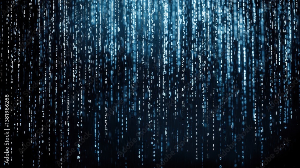 Aufkleber abstract digital rain background blue binary code falling data stream technology concept