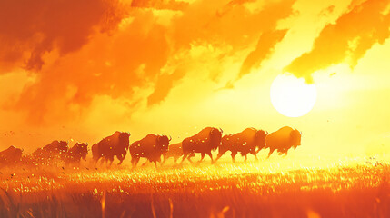 Majestic Bison Stampeding Through Sunlit Grasslands at Dusk