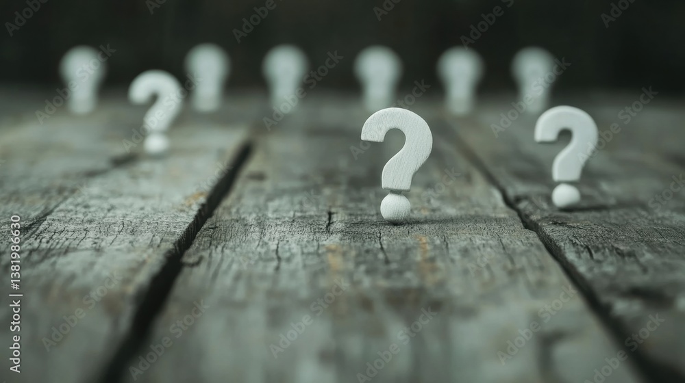 Poster several small white question marks sit on a weathered wooden surface, evoking thoughts of inquiry an