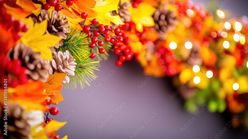 Poster vibrant autumn foliage combines with pinecones and warm lights to create a festive and inviting atmo