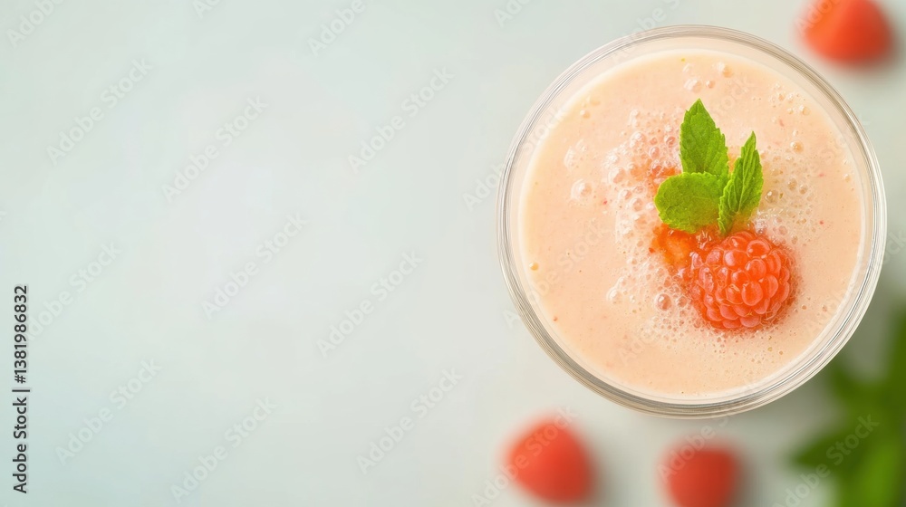 Poster a refreshing raspberry smoothie topped with mint leaves and fresh raspberries is placed on a soft pa