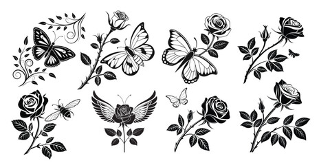 Black and white floral vector design with flowers, butterflies, leaves, and vintage elements in a decorative pattern