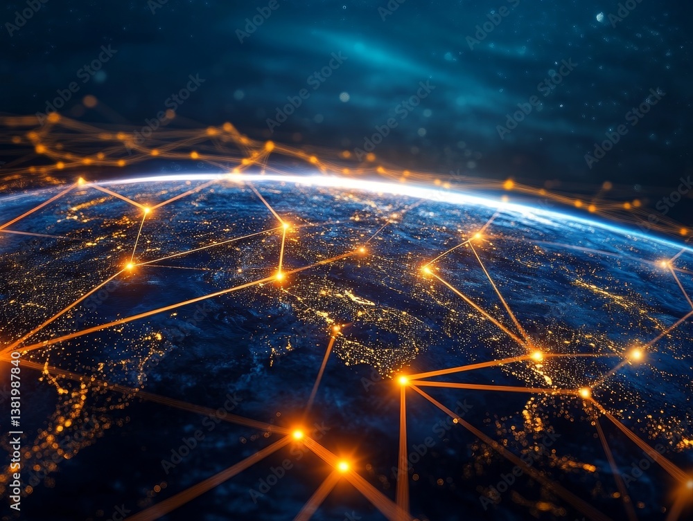 Poster global network connectivity illuminated by glowing lines and dots in space view of earth