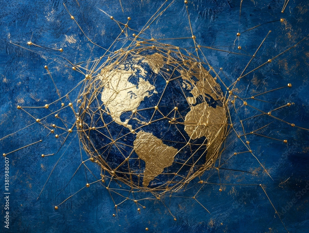 Poster global network: artistic representation of interconnected earth on textured blue background