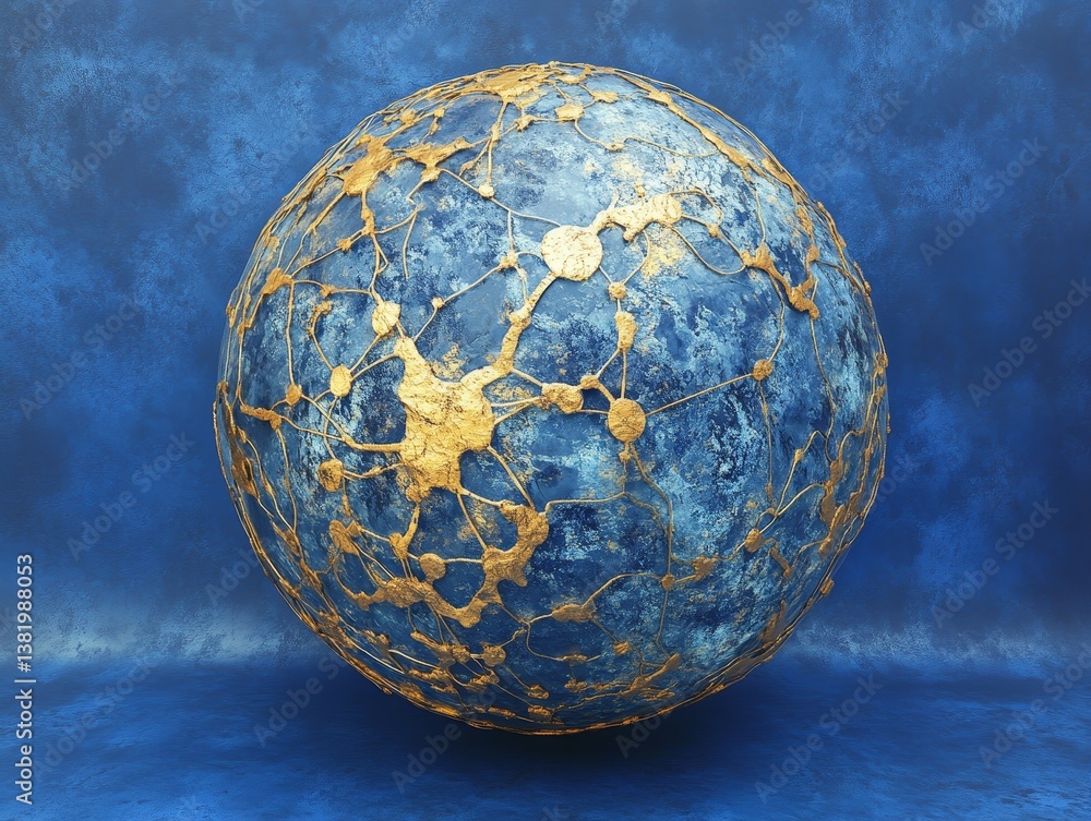Poster abstract blue and gold sphere with network patterns against a textured background