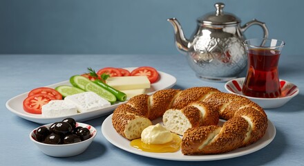 Turkish breakfast simit with tea, and cheese.
