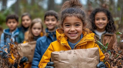Happy Children Autumn Cleanup Team Volunteering Nature Park Environmental Conservation Yellow Coats Smiling Kids Teamwork Earth Day Community Service Protecting Environment Forest Cleanup Kids Helping