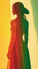 Fototapeta premium A woman in a long green dress and a black hat stands in front of a yellow wall. The dress is flowing and the hat is perched on her head. The woman is posing for a photo