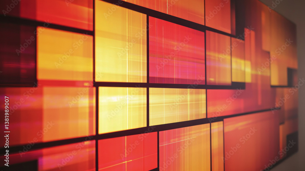 Poster a colorful abstract painting with orange and red squares. the painting is full of energy and movemen