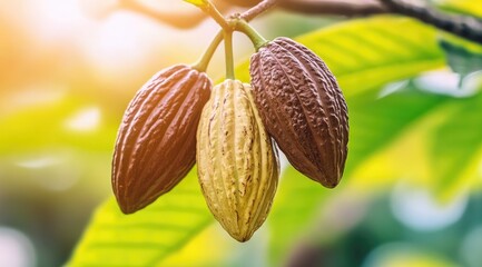 Close-Up of Ripe and Unripe Cocoa Pods on Tree