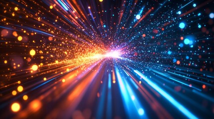 Obraz premium Vibrant Explosion of Light Rays and Color Particles Creating a Dynamic Abstract Background for Science and Technology Themes