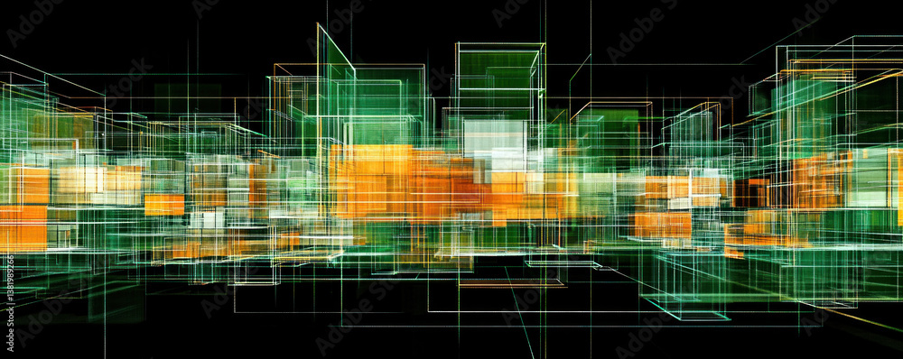 Poster a cityscape made of glass blocks with a green and orange tint. the blocks are arranged in a grid pat