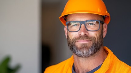 Caucasian male construction worker in orange helmet and glasses smiling confidently