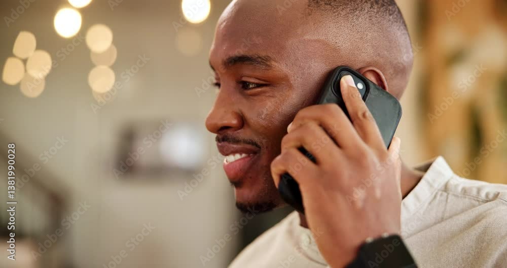 Poster phone call, creative and man in office, talking and smile for project with contact or web designer. 
