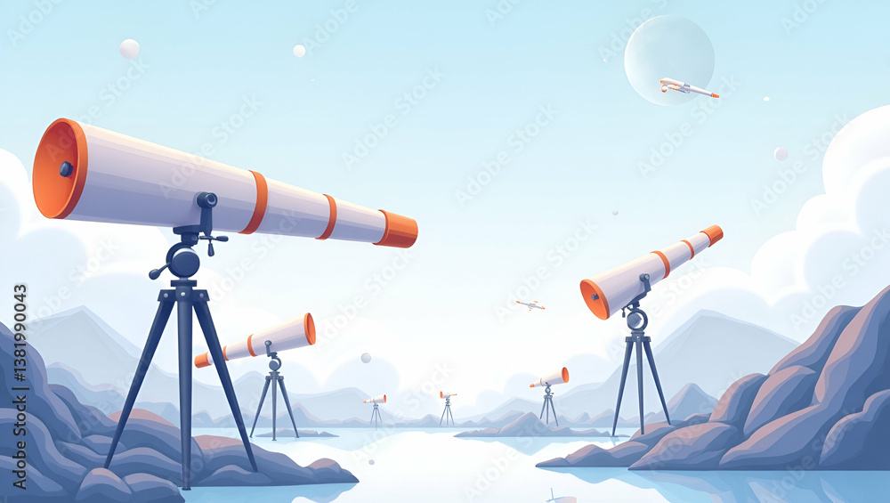 Poster flat exhibit a futuristic wallpaper design illustrating space telescopes with expansive empty space 