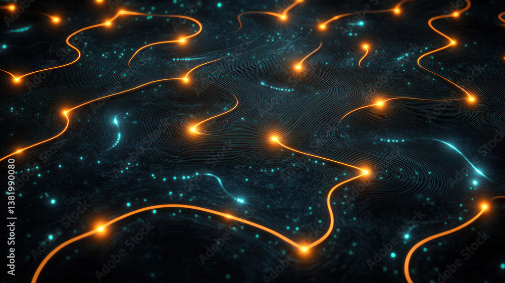 Poster a computer generated image of a black background with orange lines. the lines are connected to each 
