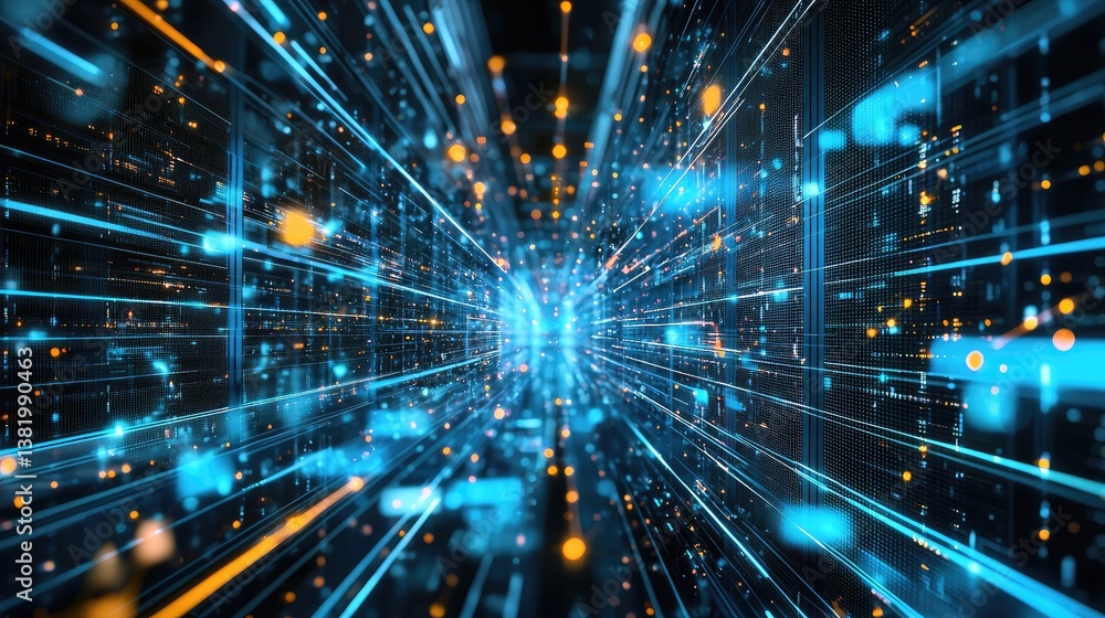 Aufkleber Futuristic data stream tunnel with glowing blue lights and dynamic particles, symbolizing fast digital communication. Ideal for AI, tech, and networking visuals