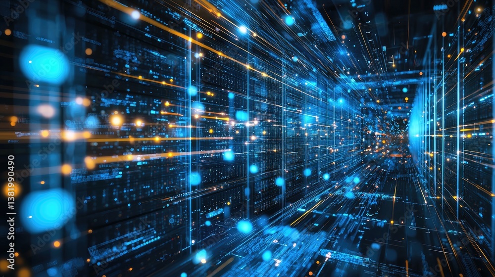 Poster high-tech digital corridor with glowing blue and orange lights, data streams, and futuristic element