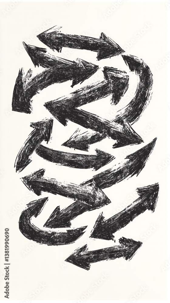 Poster a drawing of many arrows pointing in different directions. the arrows are all black and appear to be