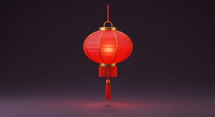 Red Chinese lantern with a golden frame and tassel illuminating a dark backdrop