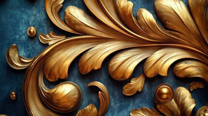 Gold ornate leaf design, textured blue background, luxury decor, wall art