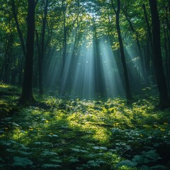 Fototapeta premium Serene Forest Landscape with Sunlight Beams Illuminating Lush Greenery and Soft Foliage on the Forest Floor During a Calm Day in Nature