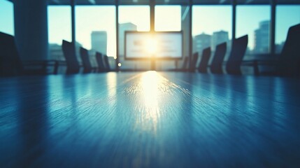 Fototapeta premium Empty conference room table at sunrise