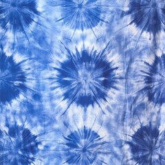 A vibrant blue tie-dye fabric featuring circular patterns, blending different shades of blue and white for a dynamic visual effect.