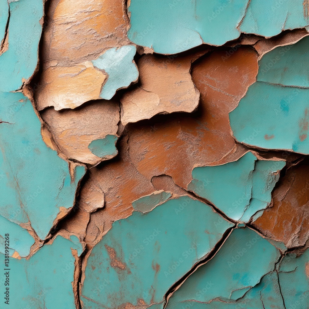 Poster close up of cracked turquoise paint on brown textured surface showing age and decay abstract art