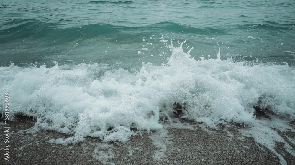 Poster dynamic ocean wave crashing on shore with turquoise water and white foam splashing on dark gray sand