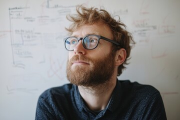 Thoughtful Young Man with Glasses Contemplating Ideas in Office