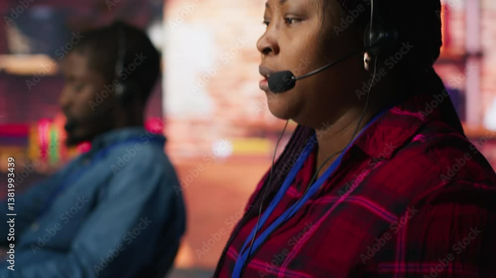 Poster closeup of customer support worker has conversation with client in live chat, providing helpful info