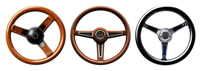 Stylish Car Steering Wheels in Various Designs and Materials, PNG bundle collection, Isolated on Transparent Background
