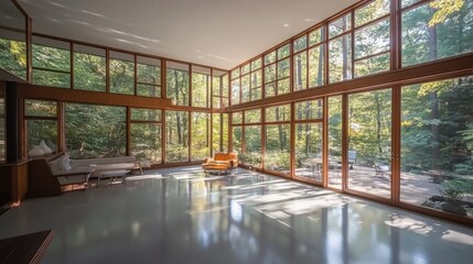 Modern Glass House Interior with Forest View