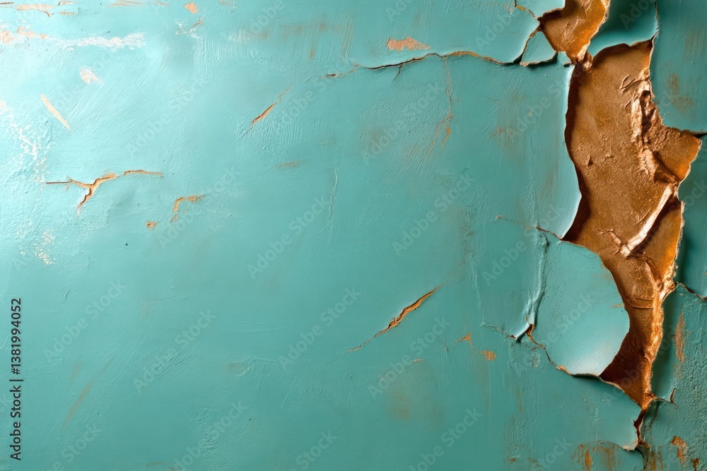 Poster close up view of peeling teal paint revealing brown textured surface with rough edges